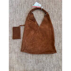 NWT CHEVAL Firenze Suede Genuine Leather Hobo Bag Pouch Camel Tan Italy